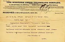 A telegram from 7&nbsp;September 1896 to report positions of two comets was encoded for data integrity.