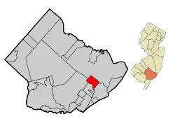 Map of Absecon in Atlantic County. Inset: Location of Atlantic County highlighted in the State of New Jersey.