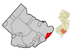 Map of Brigantine in Atlantic County. Inset: Location of Atlantic County in New Jersey.