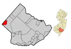 Map of Buena in Atlantic County. Inset: Location of Atlantic County in New Jersey.