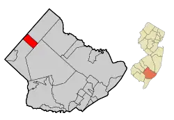 Map of Folsom in Atlantic County. Inset: Location of Atlantic County highlighted in the State of New Jersey.
