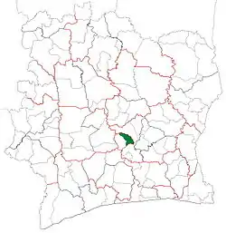 Location in Ivory Coast. Attiégouakro Department has had these boundaries since its creation in 2009.