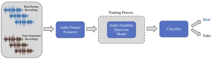 A diagram illustrating the usual framework used to perform the audio deepfake detection task.