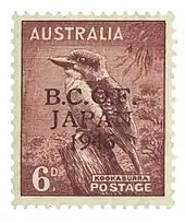 Australia, 1946: Surplus kookaburra stamp from 1937 overprinted for use by the British Commonwealth Occupation Force in Japan.
