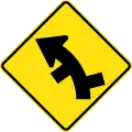 (W2-11) Staggered side road intersection, first from right on a curve on left