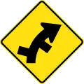 (W2-11) Staggered side road intersection, first from left on a curve on right