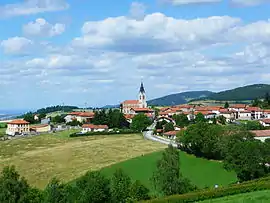 The church and surrounding buildings, in Aveize