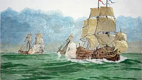Ganj-i-Sawai being chased by Every's fleet. The ship is mistakenly depicted as an East Indiaman.