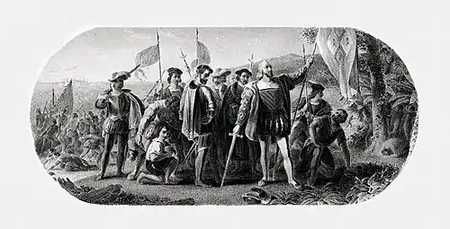 Image 8Art and engraving on United States banknotesEngraving credit: Bureau of Engraving and Printing, after John Vanderlyn; restored by Andrew ShivaArtists producing banknotes in Colonial America began experimenting with copper plates as an alternative to wood engraving in the early 18th century. Applied to the production of paper currency, copper-plate engraving, and later steel engraving, enabled banknote design and printing to rapidly advance during the 19th century. This engraved vignette appeared on certain United States five-dollar bills issued in 1875. Produced for the Department of the Treasury's Bureau of Engraving and Printing, the engraving is of John Vanderlyn's painting Landing of Columbus, which hangs in the United States Capitol rotunda. It depicts Christopher Columbus landing on San Salvador Island on October&nbsp;12, 1492, on the first of his voyages to the New World.More selected pictures