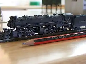 US model of an N&nbsp;scale (1:160) 2-6-6-2 shown with a pencil for size