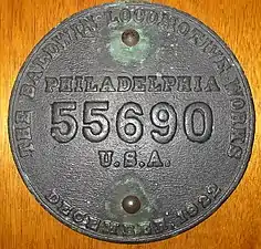 Baldwin Locomotive Works builder's plate, 1922
