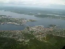 Aerial photo of Stathelle in Bamble south of the bridge and Brevik in Porsgrunn north of the bridge, 2008