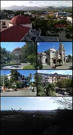 top: northern area of Baní, bottom top: Central Park and Nuestra Señora de Regla Cathedral, bottom bottom: Municipal Town Hall and Center of Baní, bottom: Baní seen from the Cucurucho de Peravia.