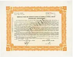 Provisional certificate for a bond of the Banco Nacional de Cuba for 300,000.00 pesos, issued in Havana on 22 January 1960, signed in original by Ernesto "Che" Guevara as President of the Cuban Central Bank (26 November 1959 to 23 February 1961). The bond was destined to finance the National Institute of Savings and Housing (INAV), responsible for a large part of the state housing construction in Cuba between 1959 and 1962.