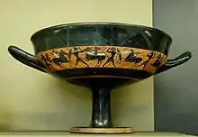 Band cup by an unknown artist showing fighters, c. 540 BC, from Vulci, now in the Louvre, Paris