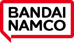 Logo for Bandai Namco Holdings. It consists of the text "BANDAI NAMCO" in black, on a open red chat box overlapping background.