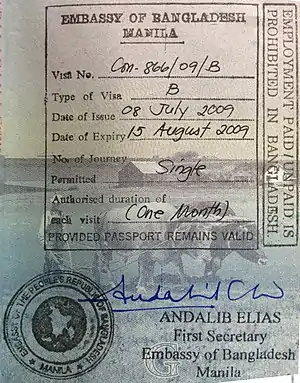 Bangladeshi visa in a United States passport