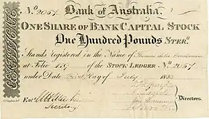 Stock certificate of the Bank of Australia for £100, issued 1 July 1833, printed on vellum, signed in the original by Alexander Brodie Spark and James Norton, among others, as directors