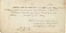 Stock certificate of the Bank of Delaware for one share, issued October 25, 1797, signed by cashier John Hayes, copperplate engraving on handmade paper