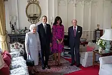 President Barack Obama and First Lady Michelle Obama with Queen Elizabeth II and Prince Philip, Duke of Edinburgh in the Windsor Castle, 2016.