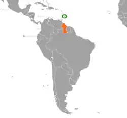 Map indicating locations of Barbados and Guyana