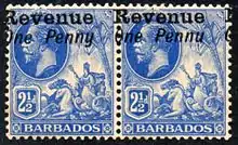 Barbados, 1916: Stamps overprinted for revenue usage with missing tail to y of 'Penny'.