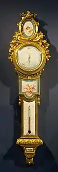 Louis XVI style barometer-thermometer; circa 1776; soft-paste Sèvres porcelain, enamel, and ormolu; height: 1 m, width: 0.27 m