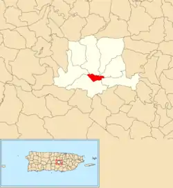 Location of Barranquitas barrio-pueblo within the municipality of Barranquitas shown in red