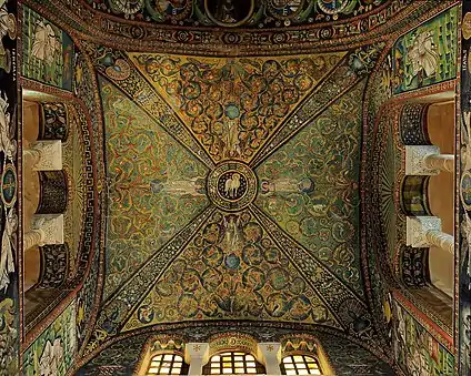 Byzantine mosaics with arabesques on a ceiling from the Basilica of San Vitale (Ravenna, Italy)