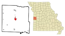 Location within Bates County and Missouri