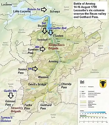 This map was created from "Reliefkarte Uri.png". The positions of the French and Austrian armies were added to the map.