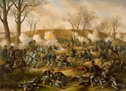 Union soldiers charging into battle, some injured or dying