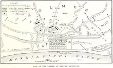 Map of the battlefield, including troop positions. The Union lines form a ring around the city of Helena, with their backs to the Mississippi River. Confederate troops attack from multiple angles