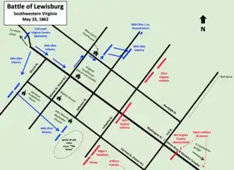 map showing Union positions on left and Confederate positions on right