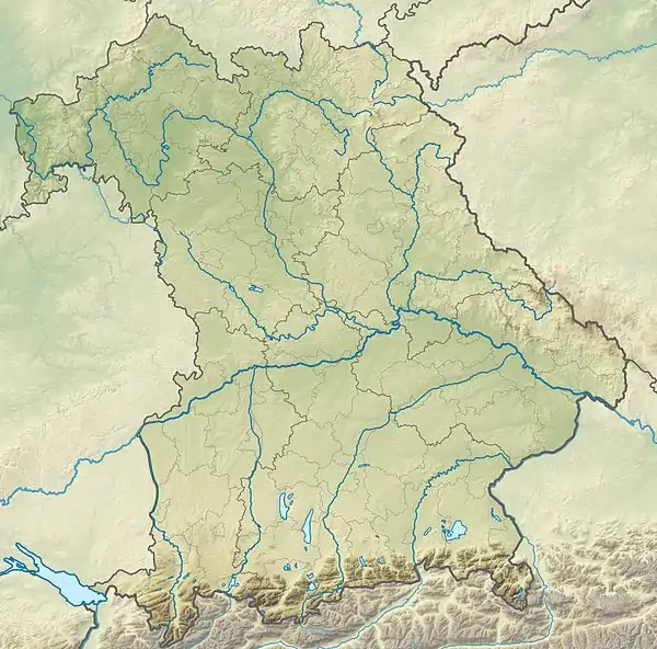 Location of Wemding and therefore Zeitpyramide indicated on a map of Bavaria.