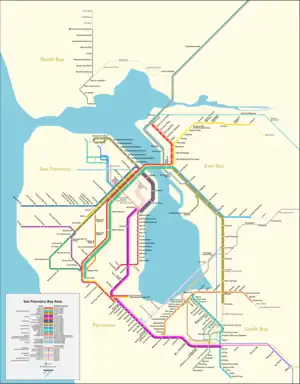 A transit map with lines depicting routes operated by various public rail agencies in the Bay Area.