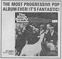 The album cover surrounded by copy in a black-and-white advertisement