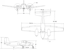 3-view line drawing of the Beechcraft L-23A Seminole