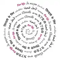 The exhibition logo: the phrase ‘For life’ written in the main global languages.