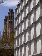 Closeup of the building's geometric exterior