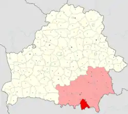 Location of Naroulia Raion within Gomel Region and Belarus
