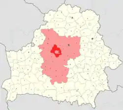 Minsk Raion (red) within Belarus.Minsk Voblast is highlighted in purple