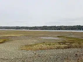 Beach with tide flats and land in distance