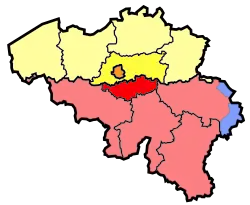 Image 9Map showing the division of Brabant into Flemish Brabant (yellow), Walloon Brabant (red) and the Brussels-Capital Region (orange) in 1995 (from History of Belgium)