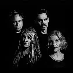 Belly in 2017.  Clockwise from upper left: Chris Gorman (drums), Thomas Gorman (lead guitar, backing vocals), Tanya Donelly (lead vocals, rhythm guitar), Gail Greenwood (bass, backing vocals).