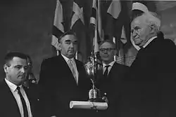 David Ben-Gurion with the winning Soviet team at the 16th Chess Olympiad, held at the first Sheraton in 1964