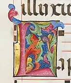 Detail of a L from Benedictine Antiphonary; by Belbello da Pavia; circa 1467–1470; tempera, gold, and ink on parchment, binding: leather over wood boards with copper alloy corner mounts and bosses; Metropolitan Museum of Art