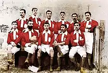 From left to right, front to back: António Rosa Rodrigues, Silvestre da Silva (captain), Cândido Rosa Rodrigues, José Rosa Rodrigues, Carlos França (forwards); José da Cruz Viegas (right-back), Manuel Mora (goalkeeper), Fortunato Levy, Albano dos Santos, António Couto (midfielders), Emílio de Carvalho (left-back)