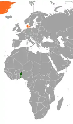 Map indicating locations of Benin and Denmark