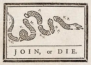 Image 5"Join, or Die"Restoration: Adam Cuerden"Join, or Die", a 1754 editorial cartoon by Benjamin Franklin, a woodcut showing a snake severed into eight pieces, with each segment labeled with the initials of a British American colony or region (not all colonies are represented). It was originally about the importance of colonial unity against France during the French and Indian War, and re-used in the years ahead of the American Revolution to signify unity against Great Britain.More selected pictures